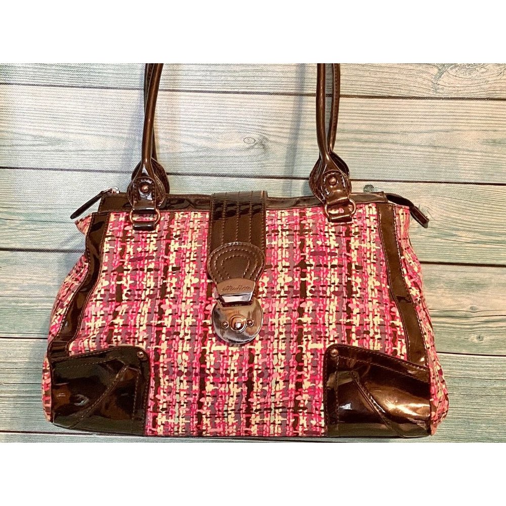 Pink Green Tan Black Multicolored Patter Purse Handbag Shoulder Bag ATTENTION